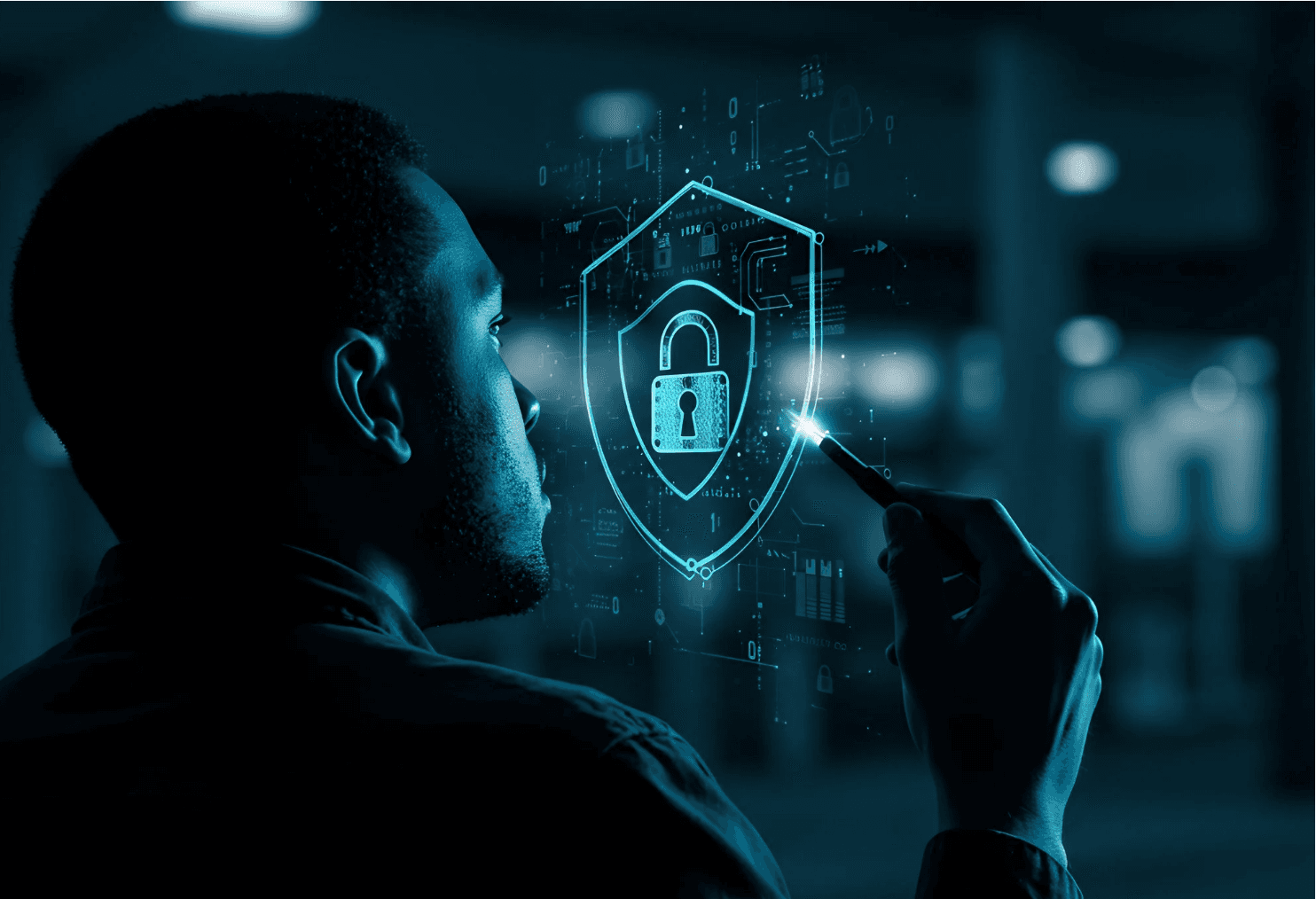 Cybersecurity expert with digital shield